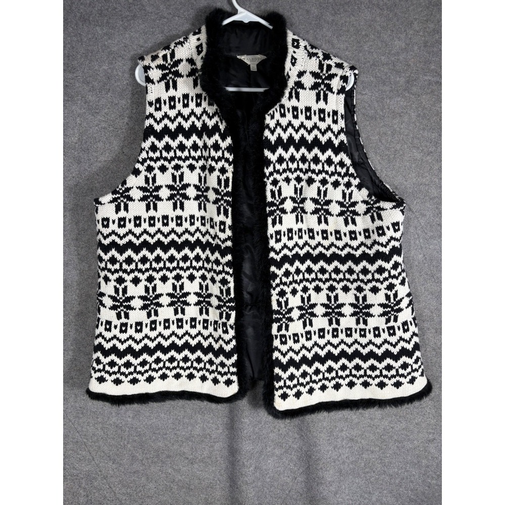 Talbots Woman Fair Isle Knit Vest Faux Fur Trim Black White Snowflake Plus 3X